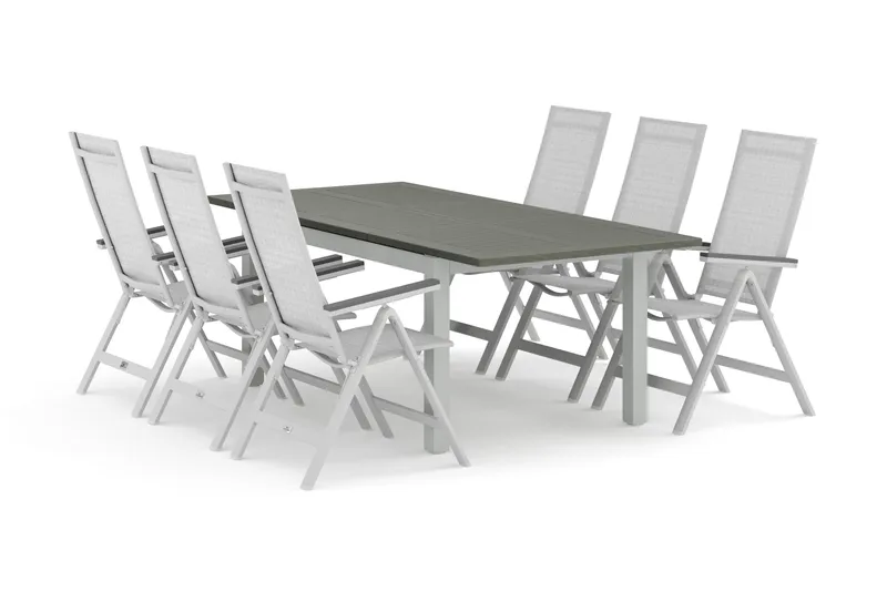 Monaco udendørs spisegruppe, udtrækkelig 150-250x90 med 6 Monaco Light positionsstole, Hvid/Grå