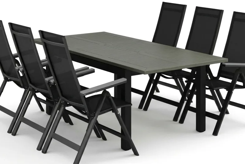 Monaco udendørs spisegruppe, udtrækkelig 150-250x90 med 6 Monaco Light positionsstole - Sort/Grå - Havemøbler - Udendørsgruppe - Havesæt