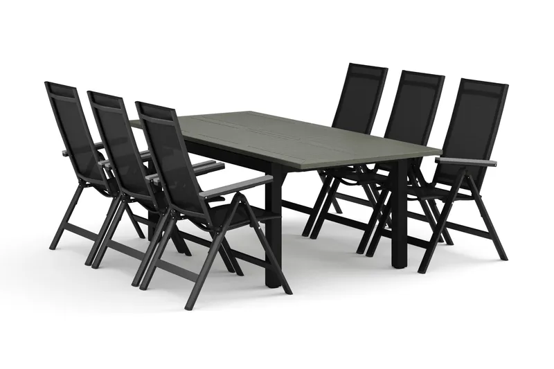 Monaco udendørs spisegruppe, udtrækkelig 150-250x90 med 6 Monaco Light positionsstole, Sort/Grå