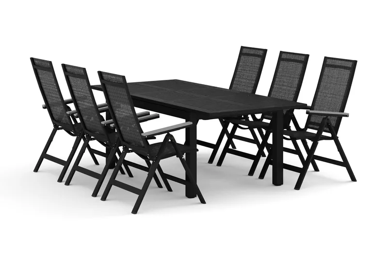 Monaco udendørs spisegruppe, udtrækkelig 150-250x90 med 6 Monaco Light positionsstole, Sort/Grå