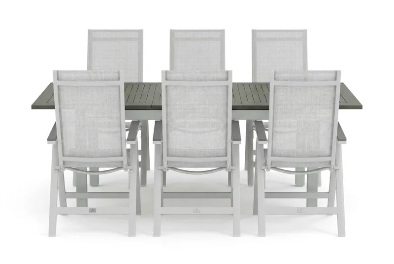 Monaco udendørs spisegruppe, udtrækkelig 150-250x90 med 6 Monaco Light positionsstole - Hvid/Grå - Havemøbler - Udendørsgruppe - Havesæt