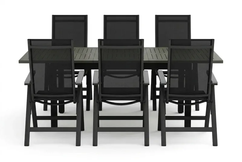 Monaco udendørs spisegruppe, udtrækkelig 150-250x90 med 6 Monaco Light positionsstole - Sort/Grå - Havemøbler - Udendørsgruppe - Havesæt