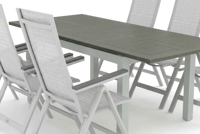 Monaco udendørs spisegruppe, udtrækkelig 150-250x90 med 6 Monaco Light positionsstole - Hvid/Grå - Havemøbler - Udendørsgruppe - Havesæt