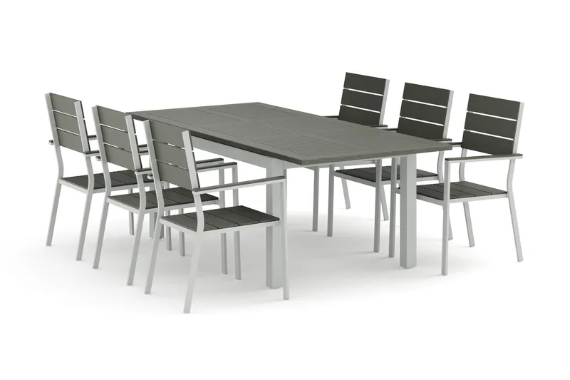 Monaco udendørs spisegruppe, udtrækkelig 150-250x90 med 6 Tunis stabelstole, Hvid/Grå