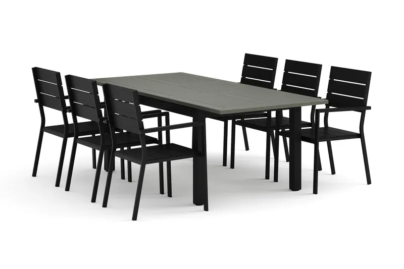 Monaco udendørs spisegruppe, udtrækkelig 150-250x90 med 6 Tunis stabelstole, Sort/Grå