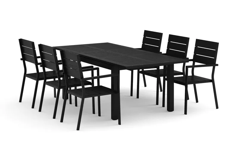 Monaco udendørs spisegruppe, udtrækkelig 150-250x90 med 6 Tunis stabelstole, Sort/Grå
