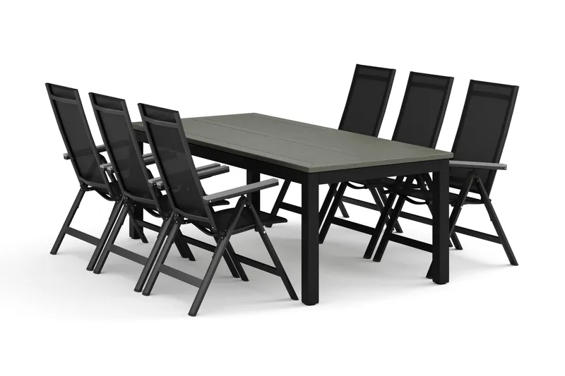 Monaco udendørs spisegruppe, udtrækkelig 210/310x90 med 6 Monaco Light positionsstole - Sort/Grå - Havemøbler - Udendørsgruppe - Havesæt