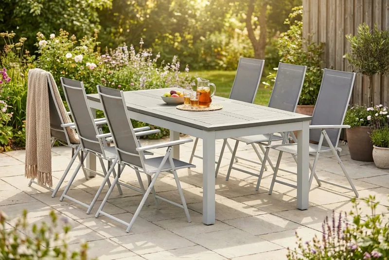 Monaco udendørs spisegruppe, udtrækkelig 210/310x90 med 6 Sanna positionsstole - Hvid/Grå - Havemøbler - Udendørsgruppe - Havesæt