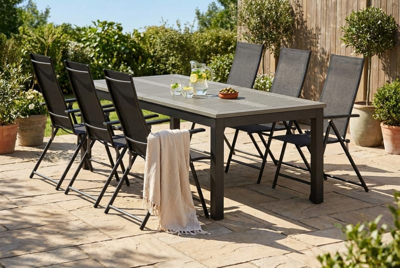 Monaco udendørs spisegruppe, udtrækkelig 210/310x90 med 6 Sanna positionsstole - Sort/Grå - Havemøbler - Udendørsgruppe - Havesæt