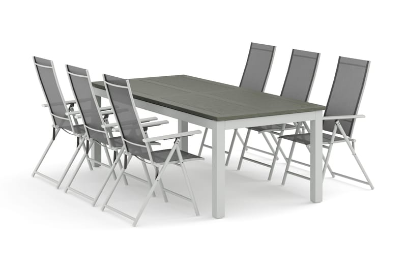 Monaco udendørs spisegruppe, udtrækkelig 210/310x90 med 6 Sanna positionsstole, Hvid/Grå