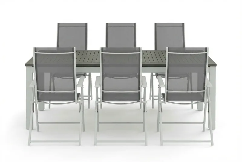 Monaco udendørs spisegruppe, udtrækkelig 210/310x90 med 6 Sanna positionsstole - Hvid/Grå - Havemøbler - Udendørsgruppe - Havesæt