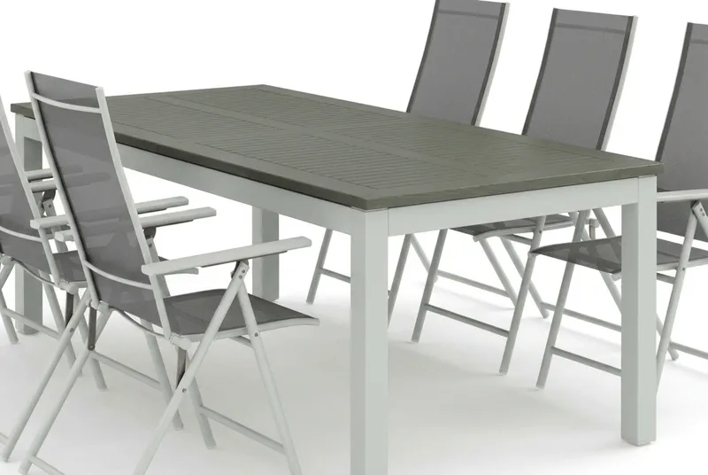 Monaco udendørs spisegruppe, udtrækkelig 210/310x90 med 6 Sanna positionsstole - Hvid/Grå - Havemøbler - Udendørsgruppe - Havesæt