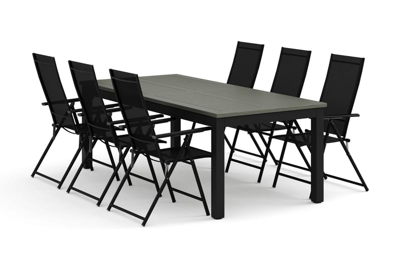 Monaco udendørs spisegruppe, udtrækkelig 210/310x90 med 6 Sanna positionsstole, Sort/Grå