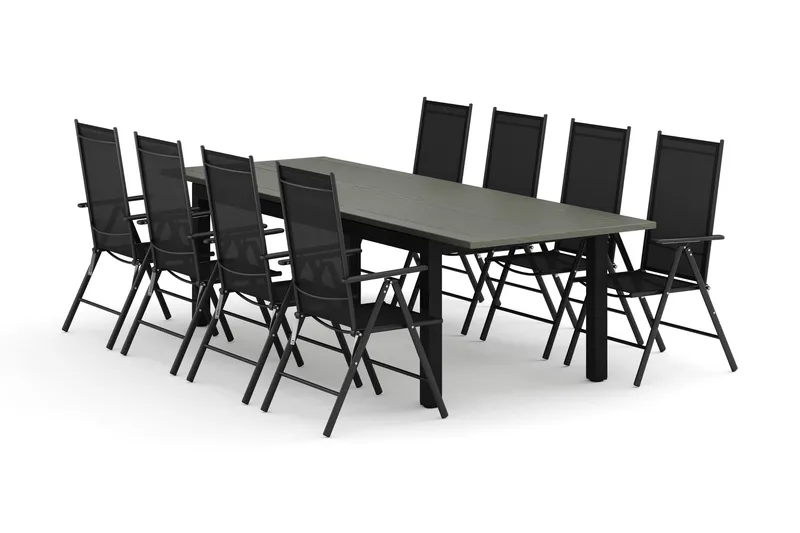 Monaco udendørs spisegruppe, udtrækkelig 210/310x90 med 8 Maggie positionsstole, Sort/Grå