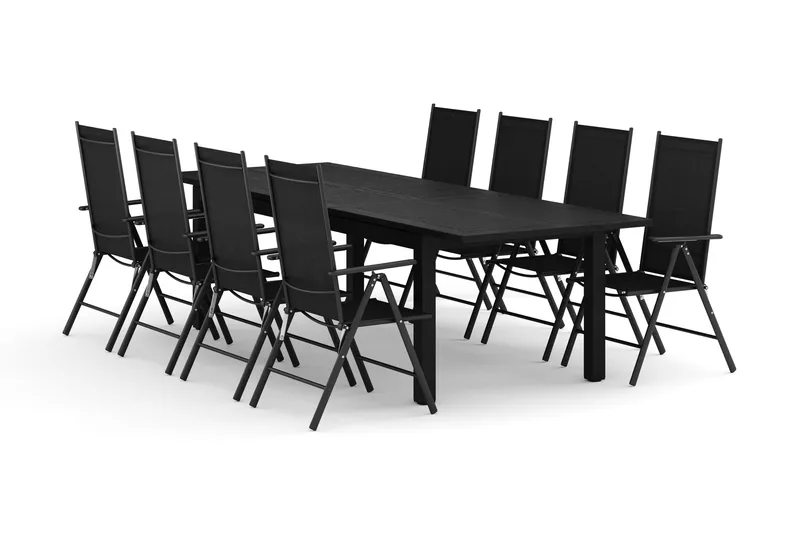 Monaco udendørs spisegruppe, udtrækkelig 210/310x90 med 8 Maggie positionsstole, Sort/Grå