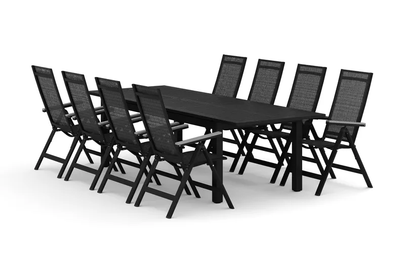 Monaco udendørs spisegruppe, udtrækkelig 210/310x90 med 8 Monaco Light positionsstole, Sort/Grå