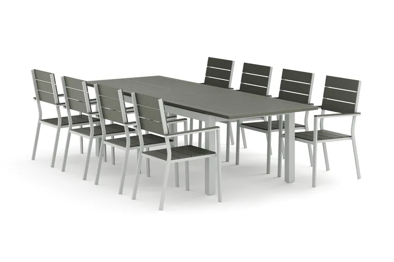 Monaco udendørs spisegruppe, udtrækkelig 210/310x90 med 8 Tunis stabelstole, Hvid/Grå