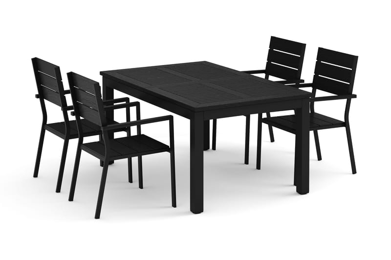 Monaco udendørs spisegruppe, udtræksbar 150-250x90 med 4 Tunis stabelstole, Sort/Grå