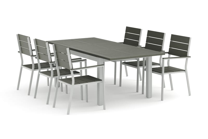 Monaco udendørs spisegruppe, udtræksbar 150-250x90 med 6 Tunis stabelstole, Hvid/Grå