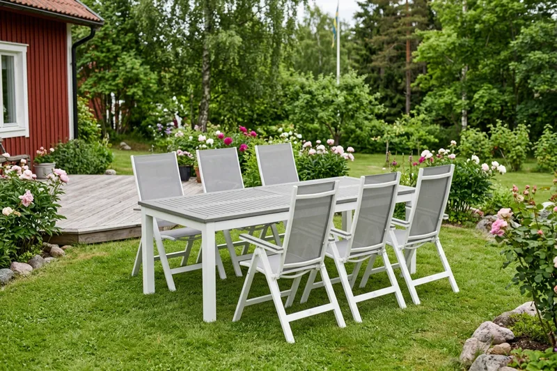 Monaco udendørs spisegruppe, udtræksbar 210/310x90 med 6 Monaco Light positionsstole - Hvid/Grå - Havemøbler - Udendørsgruppe - Havesæt