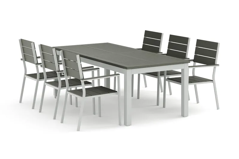 Monaco udendørs spisegruppe, udtræksbar 210/310x90 med 6 Tunis stabelstole - Hvid/Grå - Havemøbler - Udendørsgruppe - Havesæt