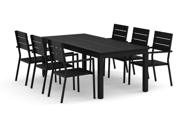 Monaco udendørs spisegruppe, udtræksbar 210/310x90 med 6 Tunis stabelstole, Sort/Grå