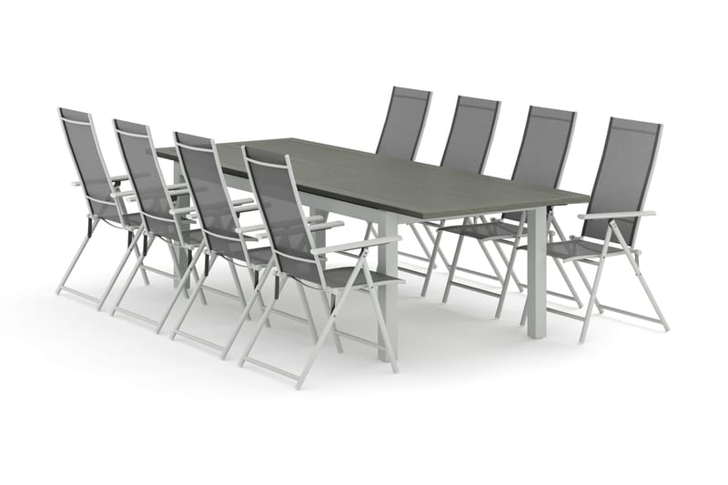 Monaco udendørs spisegruppe, udtræksbar 210/310x90 med 8 Sanna positionsstole - Hvid/Grå - Havemøbler - Udendørsgruppe - Havesæt