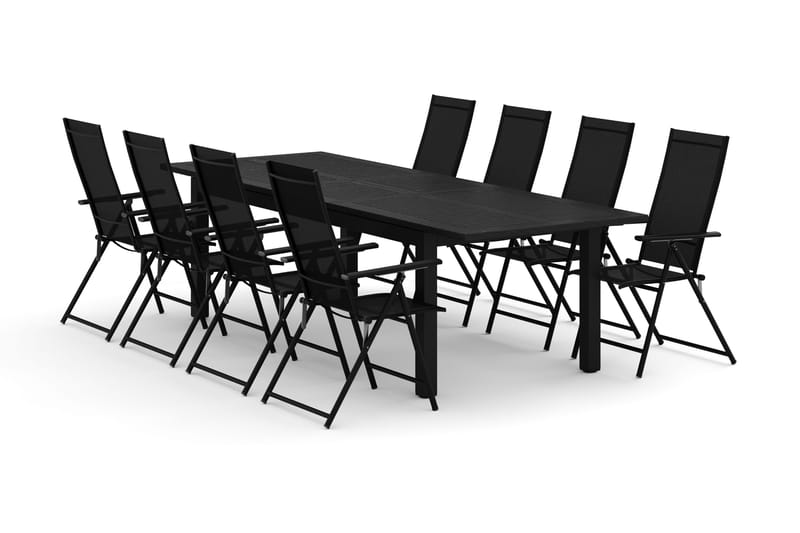 Monaco udendørs spisegruppe, udtræksbar 210/310x90 med 8 Sanna positionsstole, Sort/Grå
