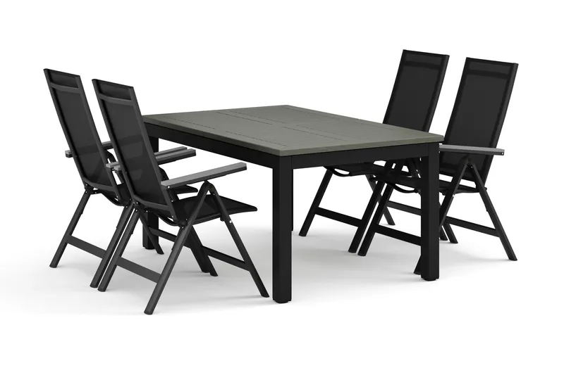 Monaco udendørs spisegruppe udtrækkelig 150-250x90 med 4 Monaco Light positionsstole, Sort/Grå