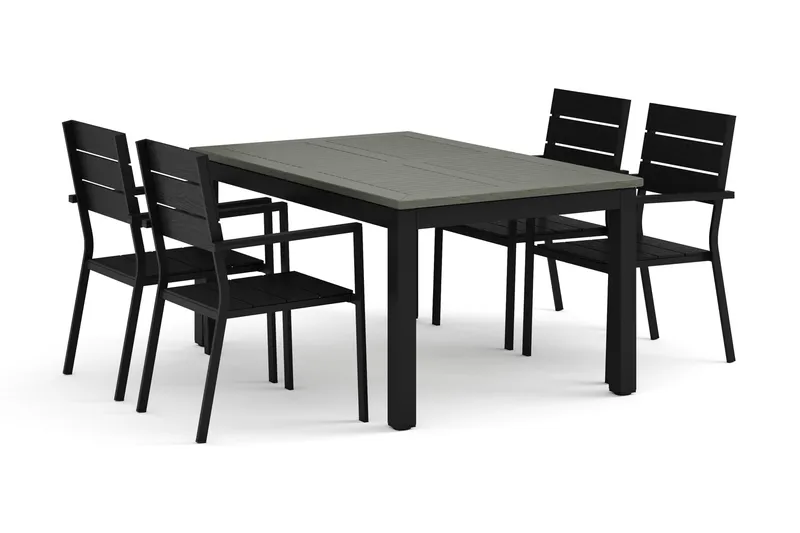 Monaco udendørs spisegruppe udtrækkelig 150-250x90 med 4 Tunis stabelstole, Sort/Grå