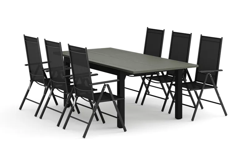 Monaco udendørs spisegruppe udtrækkelig 150-250x90 med 6 Maggie positionsstole, Sort/Grå