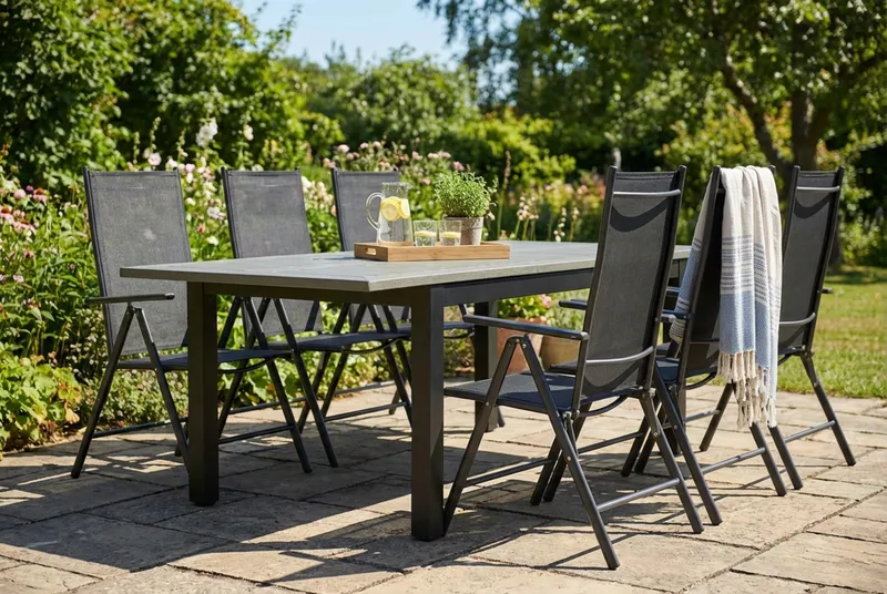Monaco udendørs spisegruppe udtrækkelig 150-250x90 med 6 Maggie positionsstole - Sort/Grå - Havemøbler - Udendørsgruppe - Havesæt