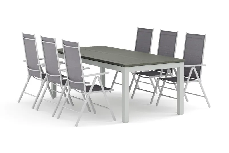 Monaco udendørs spisegruppe udtrækkelig 210/310x90 med 6 Maggie positionsstole, Hvid/Grå