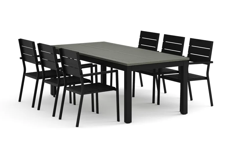 Monaco udendørs spisegruppe udtrækkelig 210/310x90 med 6 Tunis stabelstole, Sort/Grå
