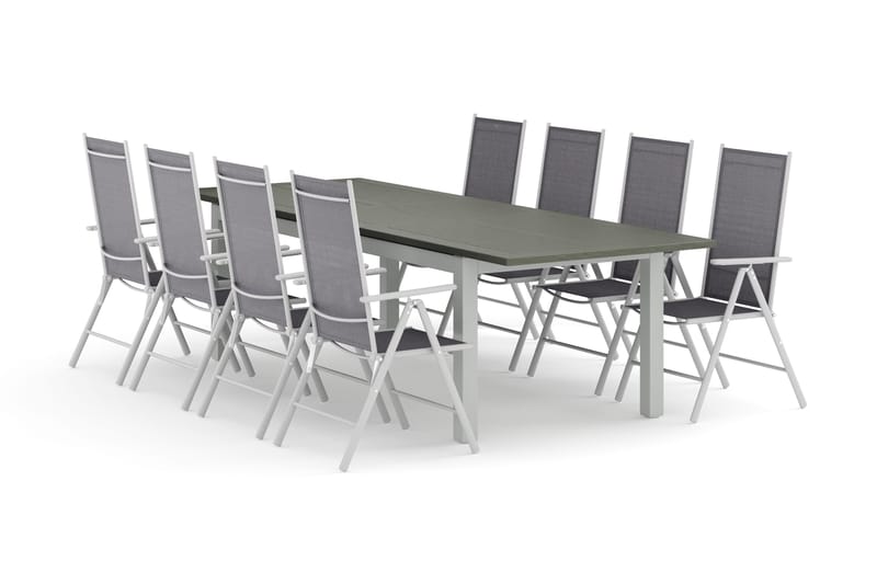 Monaco udendørs spisegruppe udtrækkelig 210/310x90 med 8 Maggie positionsstole, Hvid/Grå