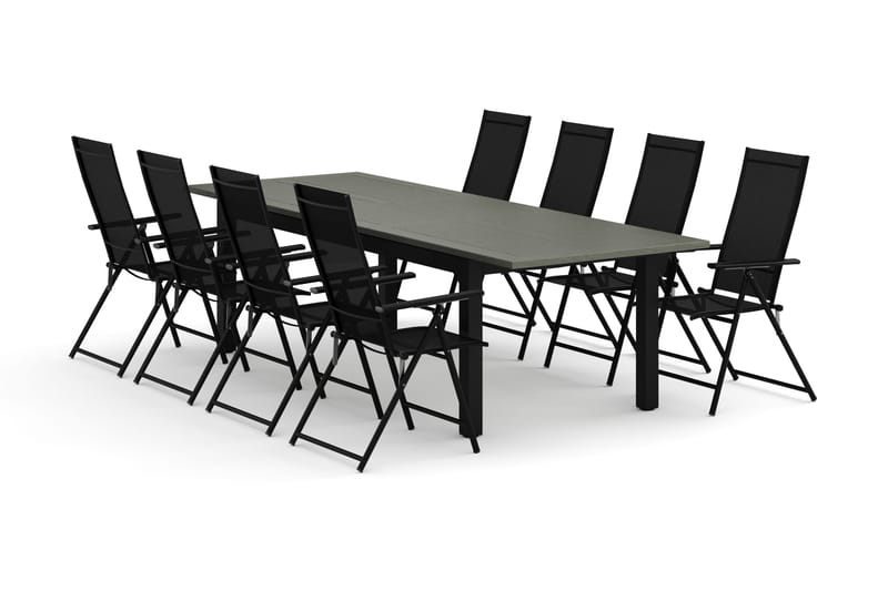 Monaco udendørs spisegruppe udtrækkelig 210/310x90 med 8 Sanna positionsstole, Sort/Grå