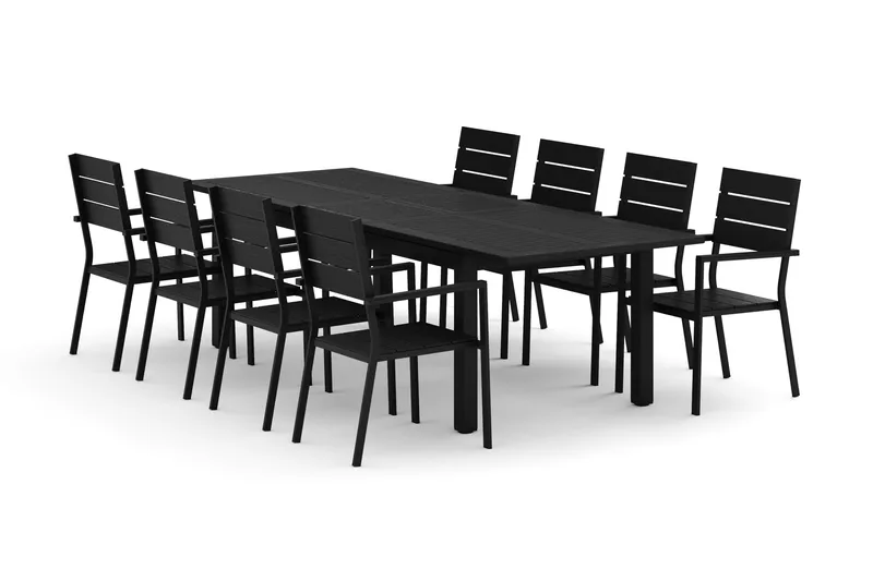 Monaco udendørs spisegruppe udtrækkelig 210/310x90 med 8 Tunis stabelstole, Sort/Grå