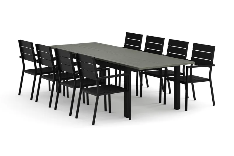 Monaco udendørs spisegruppe udtrækkelig 210/310x90 med 8 Tunis stabelstole, Sort/Grå