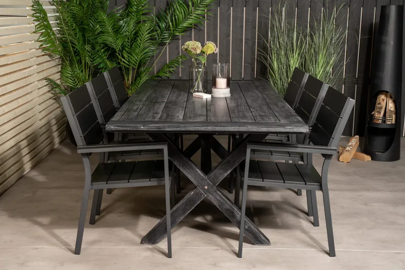 Rives Spisebordssæt 200cm + 6 Levels Stabelbare stole, Sort