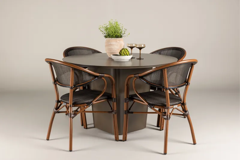 Santa Spisegruppe 120 cm Rund med 4 Vila Real Stole - Brun - Havemøbler - Udendørsgruppe - Havesæt