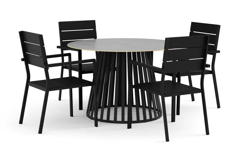 Sensi udendørs spisegruppe 120 cm med 4 Tunis stabelstole, Sort
