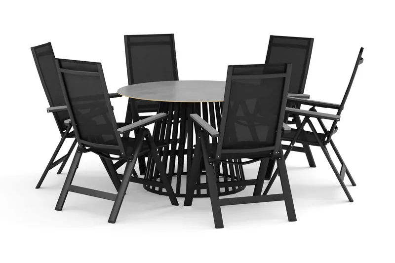 Sensi udendørs spisegruppe 120 cm med 6 Monaco Light positionsstole, Sort