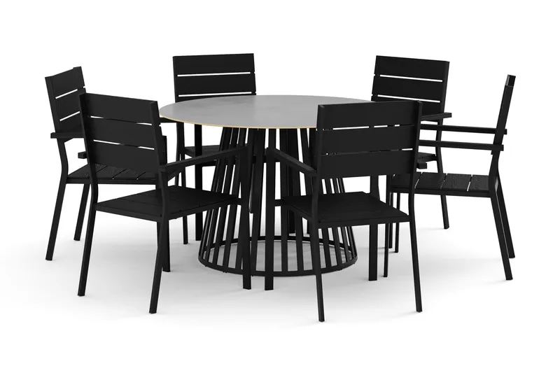 Sensi udendørs spisegruppe 120 cm med 6 Tunis stabelstole, Sort