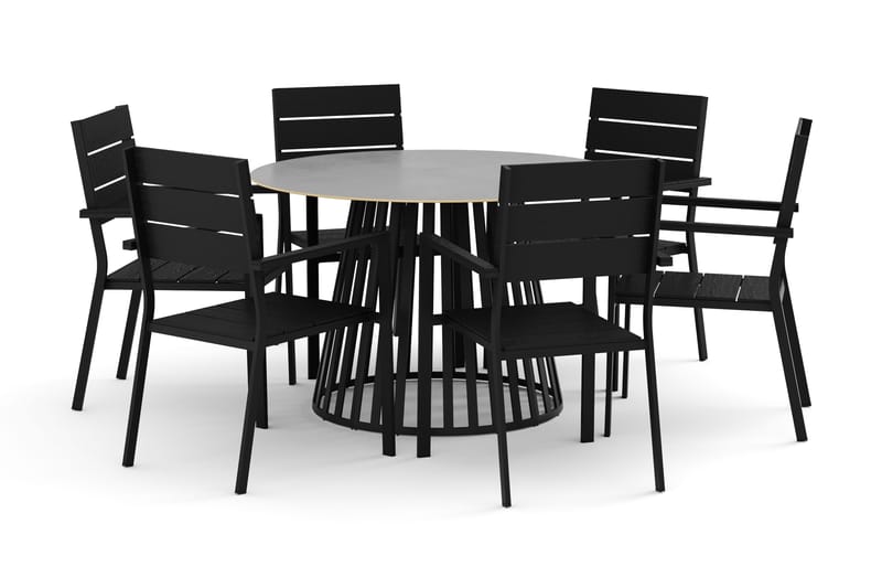 Sensi udendørs spisegruppe 120 cm med 6 Tunis stabelstole, Sort