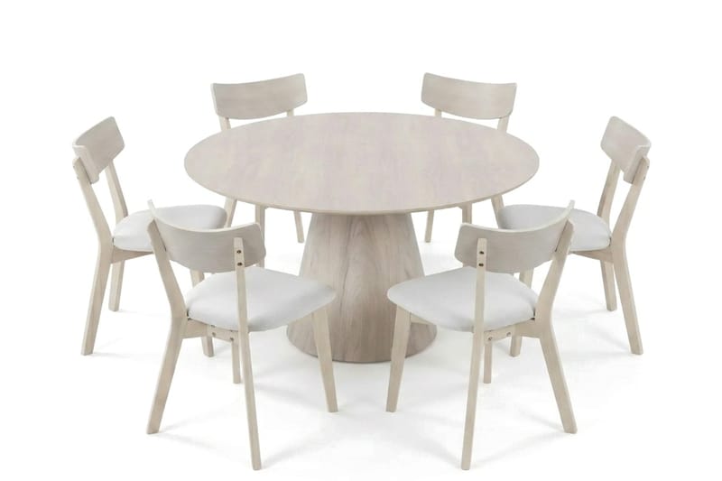 Siena spisegruppe 150 cm rund hvidlaseret med 6 Amelia spisestole med hynde - Hvidlaseret/Beige - Havemøbler - Udendørsgruppe - Havesæt