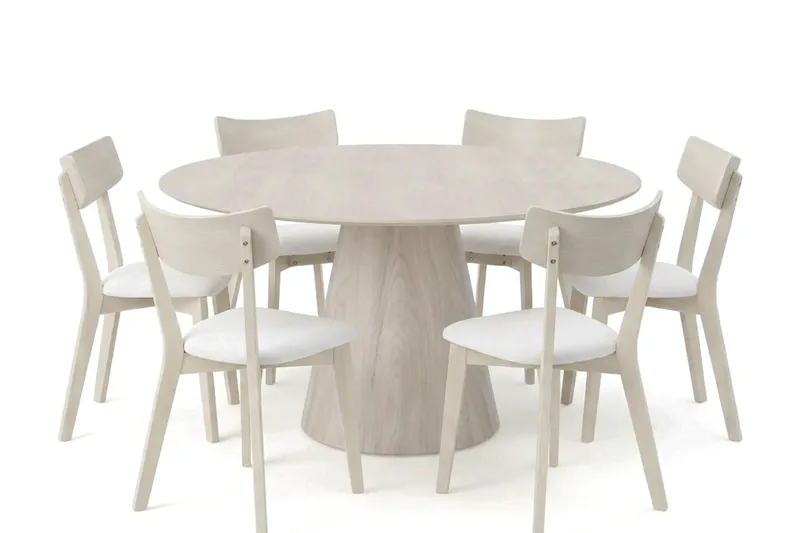 Siena spisegruppe 150 cm rund hvidlaseret med 6 Amelia spisestole med hynde, Hvidlaseret/Beige