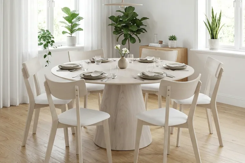 Siena spisegruppe 150 cm rund hvidlaseret med 6 Amelia spisestole med hynde - Hvidlaseret/Beige - Havemøbler - Udendørsgruppe - Havesæt