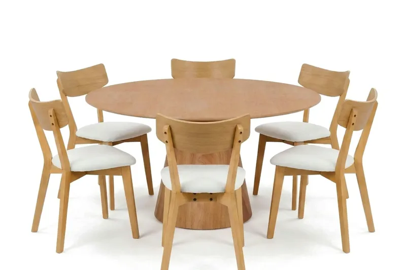 Siena spisegruppe 150 cm rund i eg med 6 Amelia spisestole med hynde, Eg/Beige