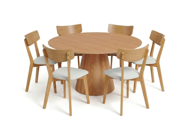 Siena spisegruppe 150 cm rund i eg med 6 Amelia spisestole med hynde - Eg/Beige - Havemøbler - Udendørsgruppe - Havesæt