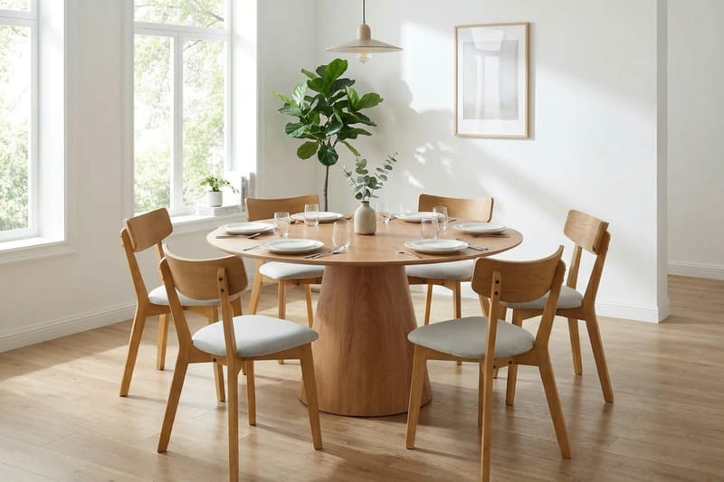 Siena spisegruppe 150 cm rund i eg med 6 Amelia spisestole med hynde - Eg/Beige - Havemøbler - Udendørsgruppe - Havesæt